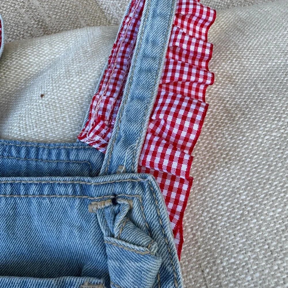 Levi's Customized Blue Overalls with Hand-sewn Red and White Strawberry Details - Picture 6 of 16
